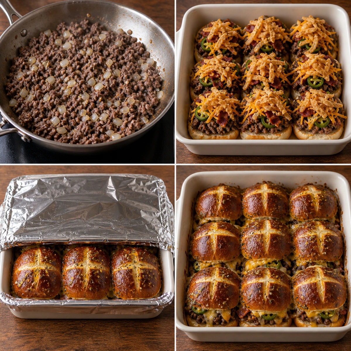 Four chronological preparation stages for Pretzel Cowboy Sliders