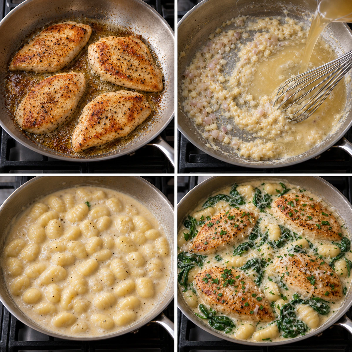 Four chronological preparation stages for Asiago Chicken Gnocchi