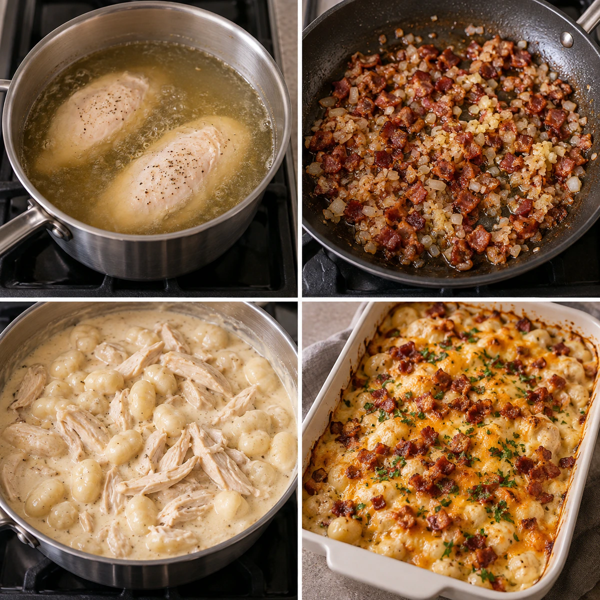 Four chronological preparation stages for Creamy Crack Chicken Gnocchi