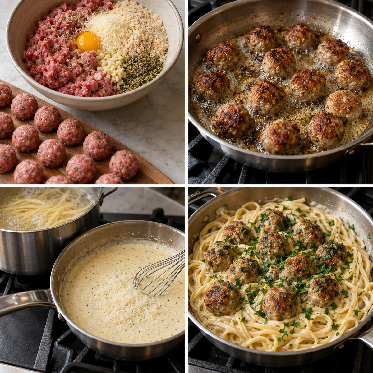 Four chronological preparation stages for Garlic Butter Meatballs