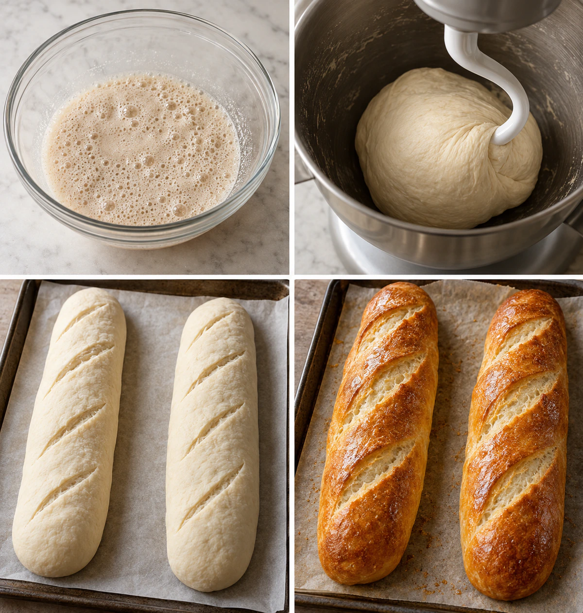 Four chronological preparation stages for Homemade French Bread