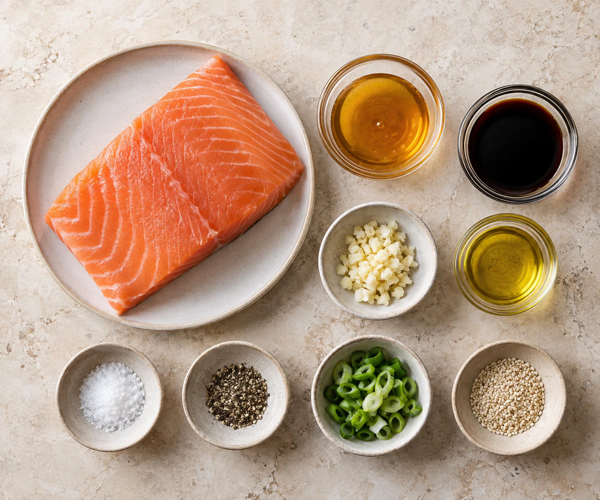 Exact measured ingredients for Sweet and Savory Honey Garlic Salmon Bites