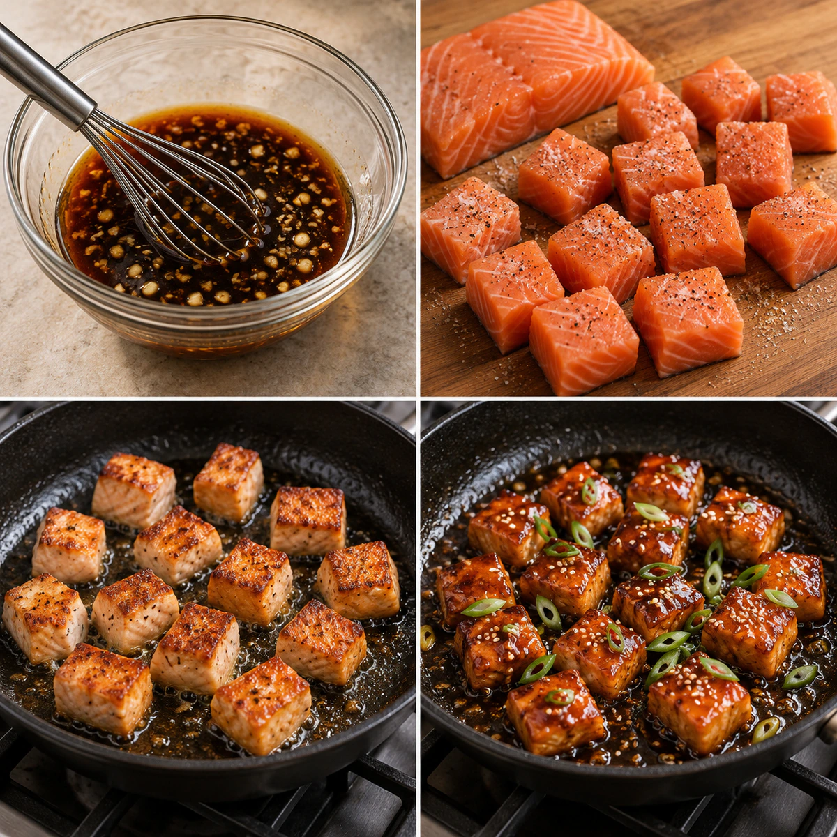 Four chronological preparation stages for Sweet and Savory Honey Garlic Salmon Bites