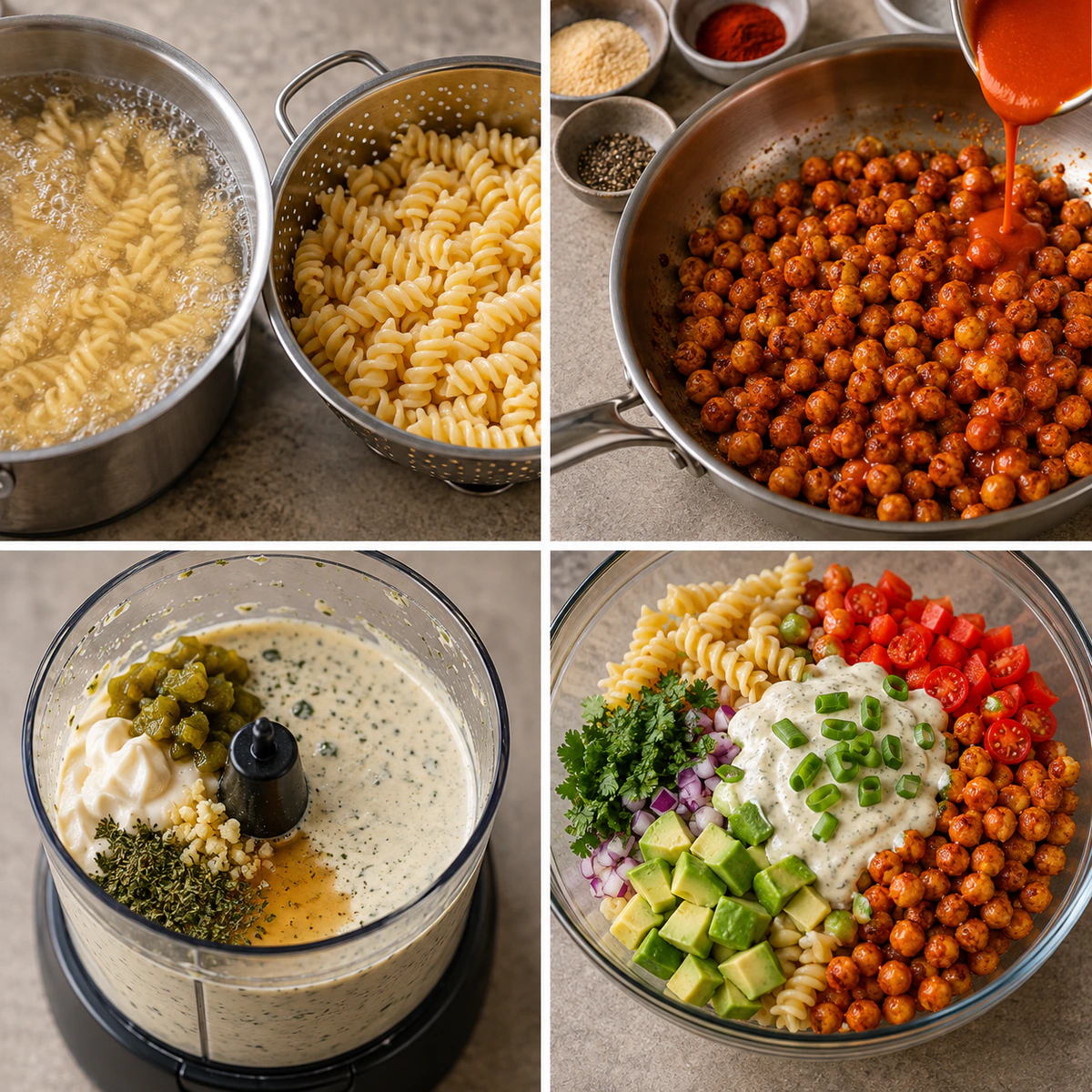 Four chronological preparation stages for Buffalo Chickpea Pasta Salad