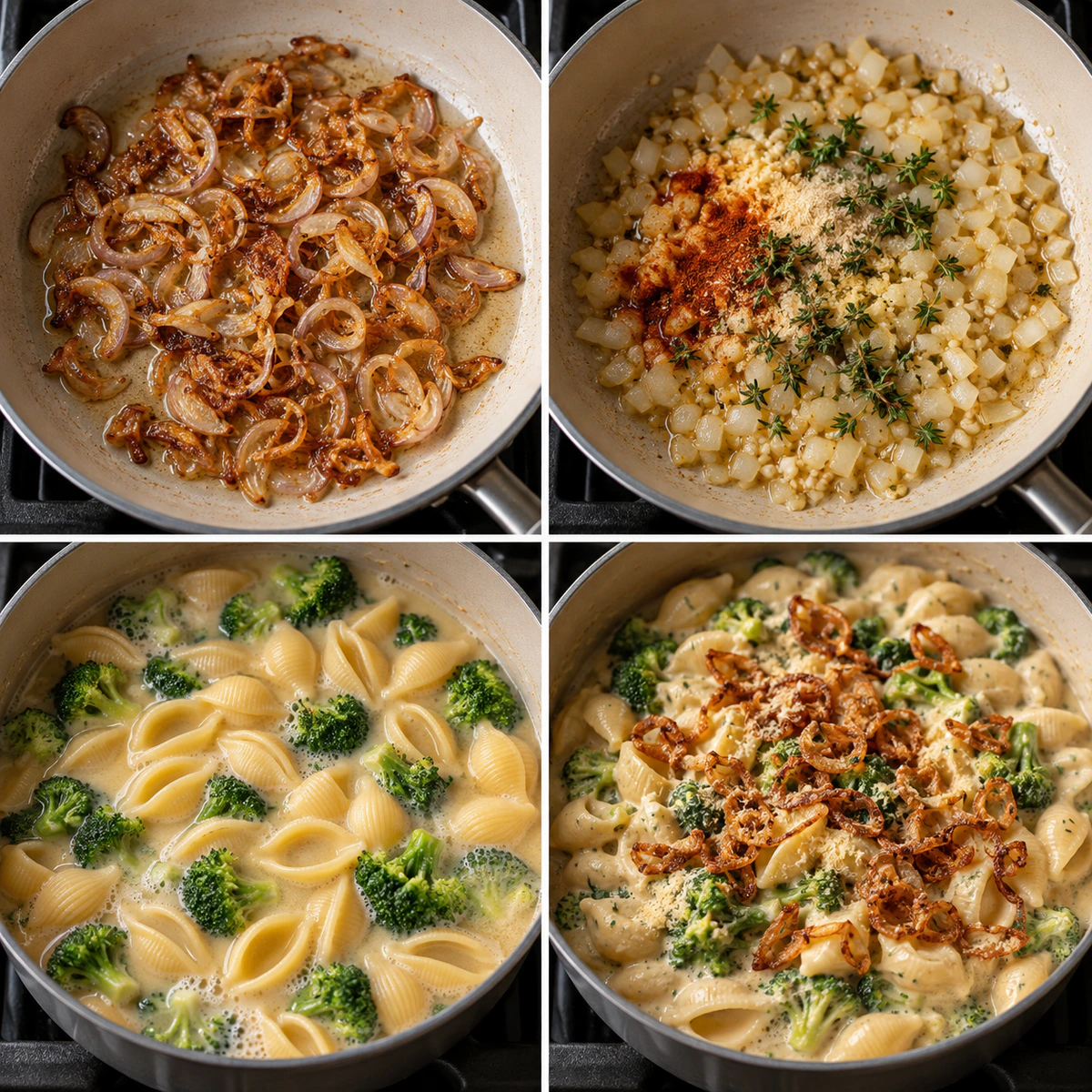 Four chronological preparation stages for Creamy Vegan Broccoli & Shells
