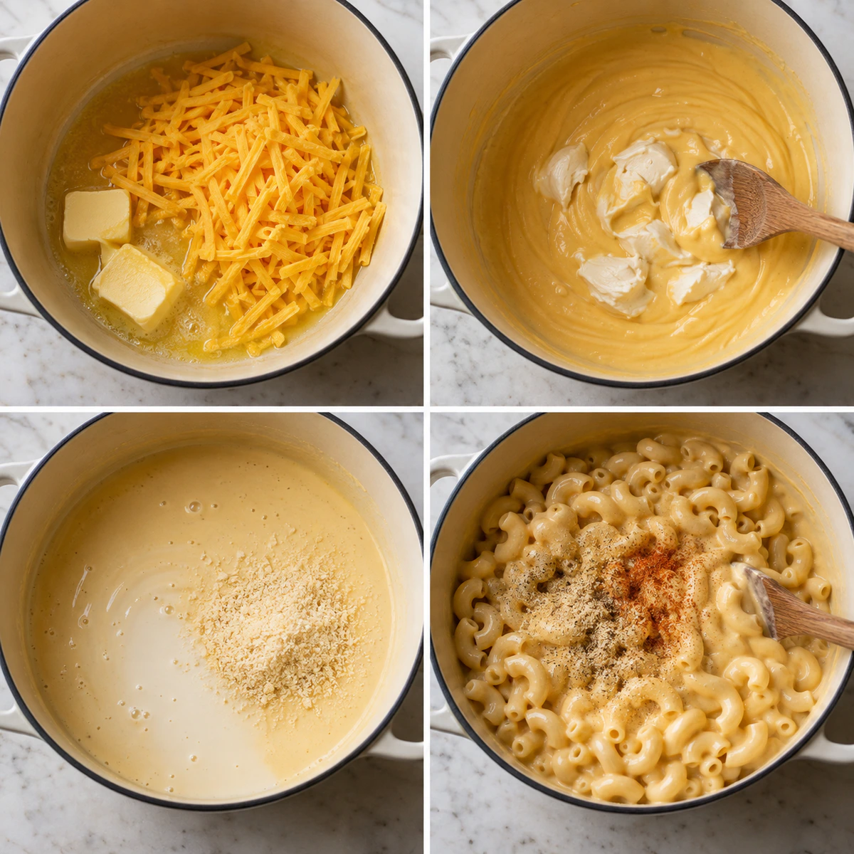 Four chronological preparation stages for Creamy Mac and Cheese