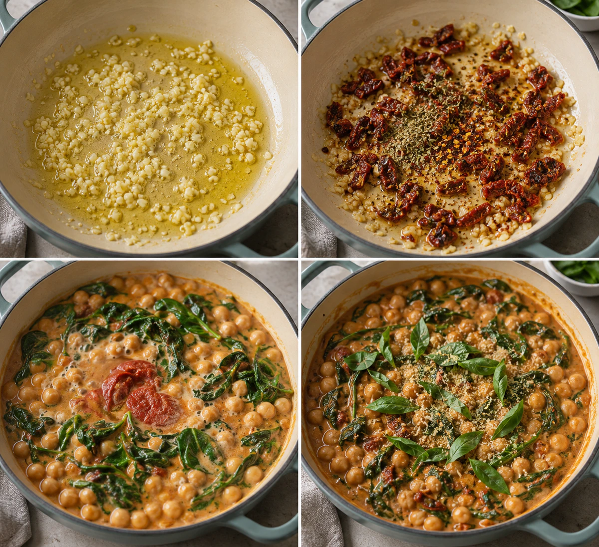 Four chronological preparation stages for Marry Me Chickpeas