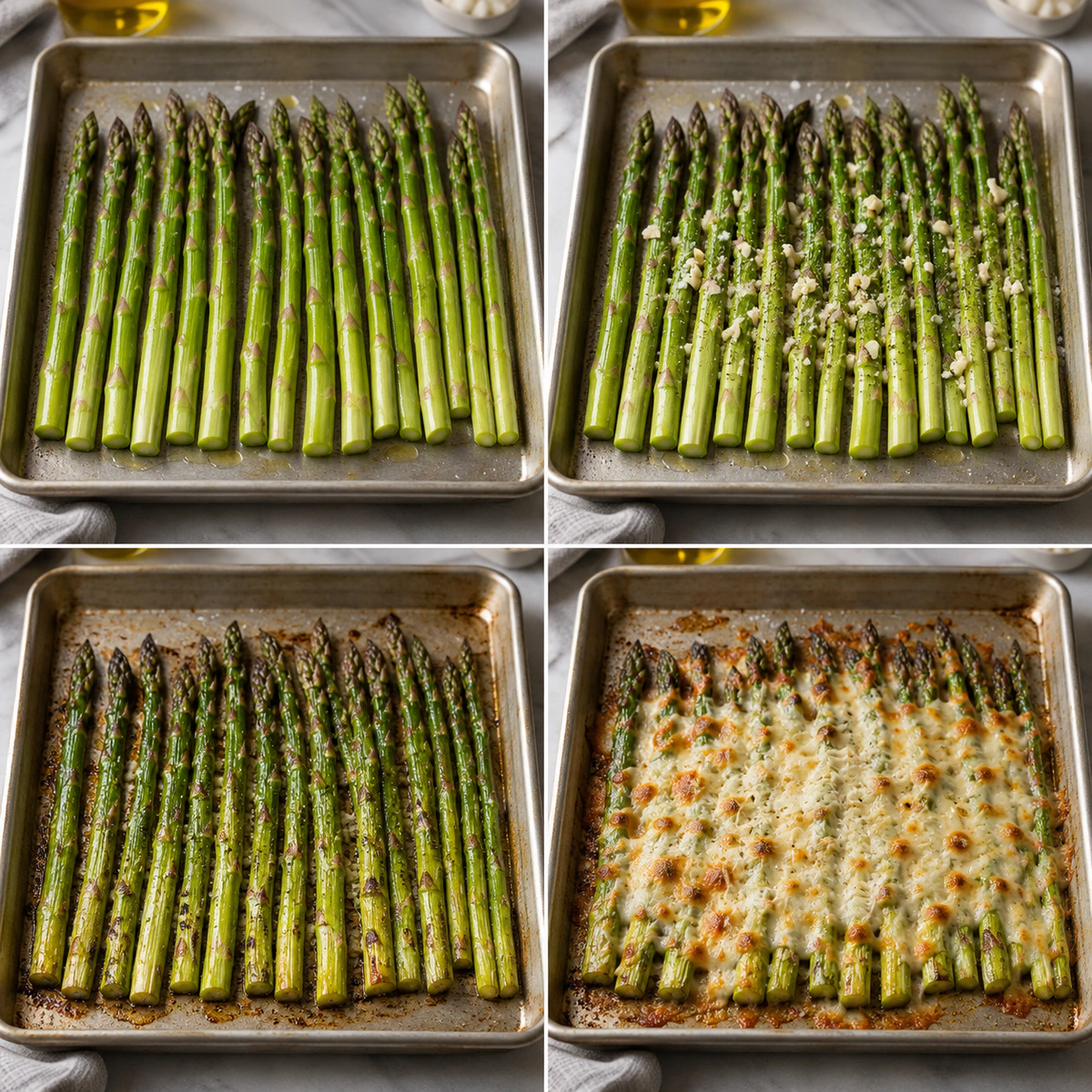 Four chronological preparation stages for Cheesy Garlic Roasted Asparagus