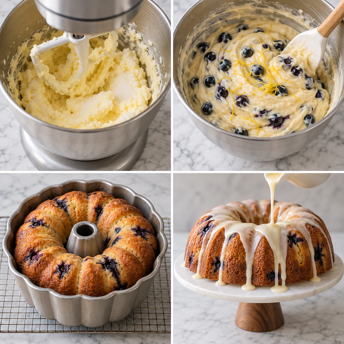 Four chronological preparation stages for Lemon Blueberry Pound Cake