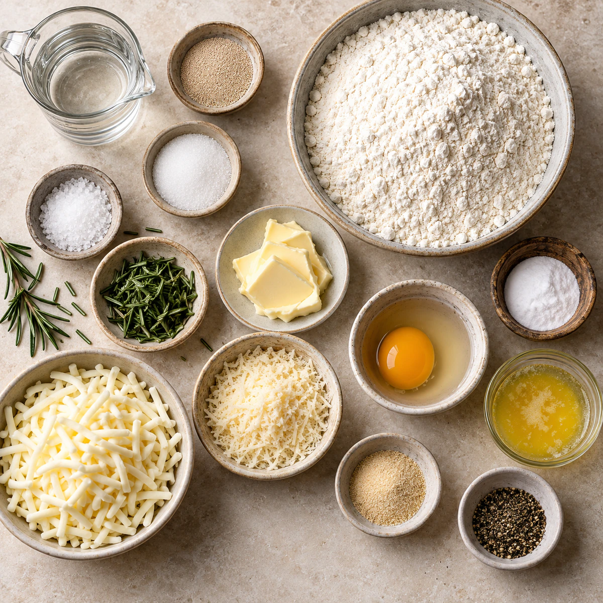 Exact measured ingredients for Mozzarella Stuffed Rosemary and Parmesan Soft Pretzels