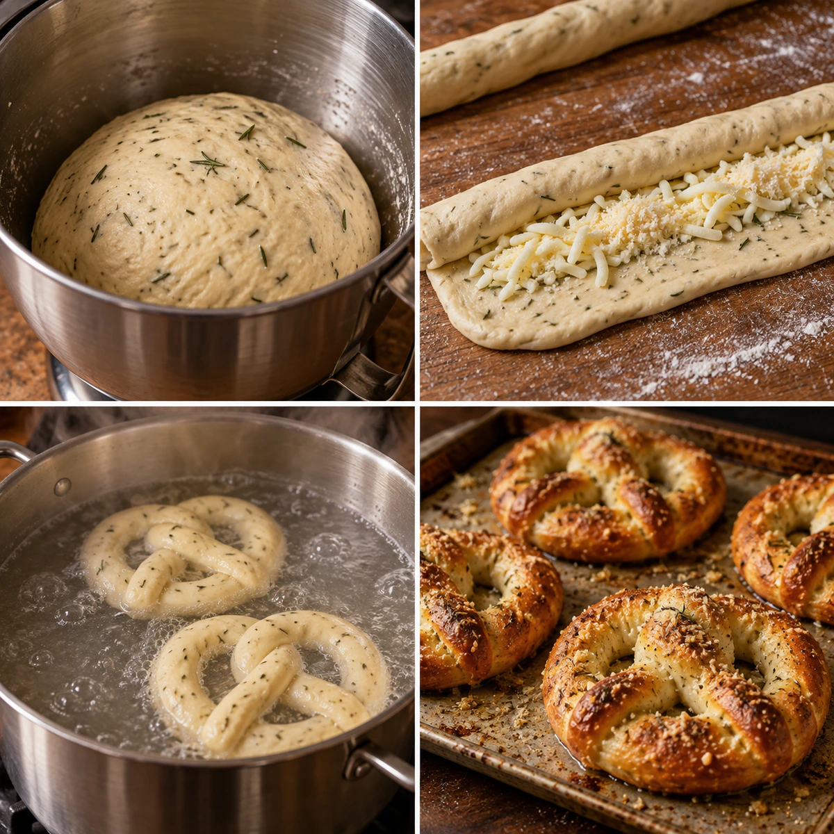Four chronological preparation stages for Mozzarella Stuffed Rosemary and Parmesan Soft Pretzels