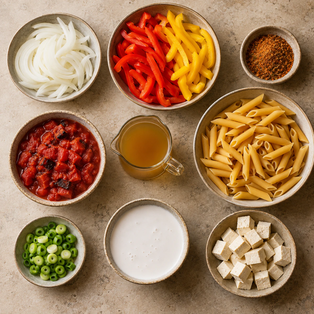 Exact measured ingredients for Creamy Vegan Cajun Pasta