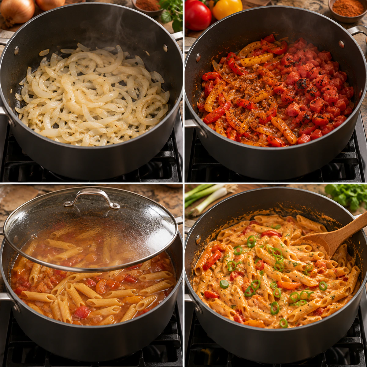 Four chronological preparation stages for Creamy Vegan Cajun Pasta