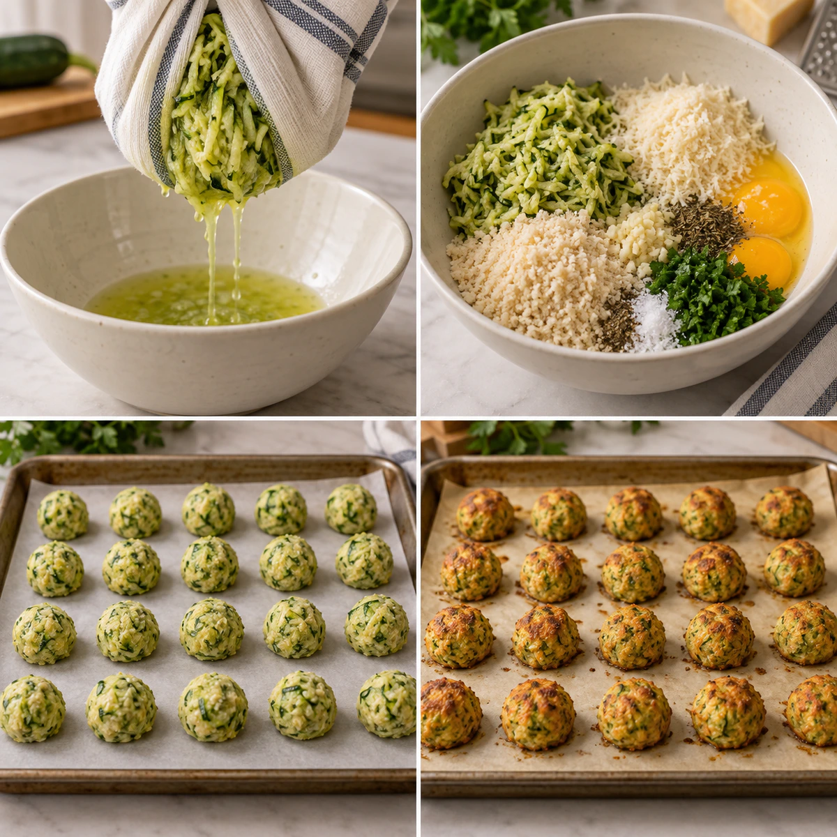 Four chronological preparation stages for Easy Baked Zucchini Balls