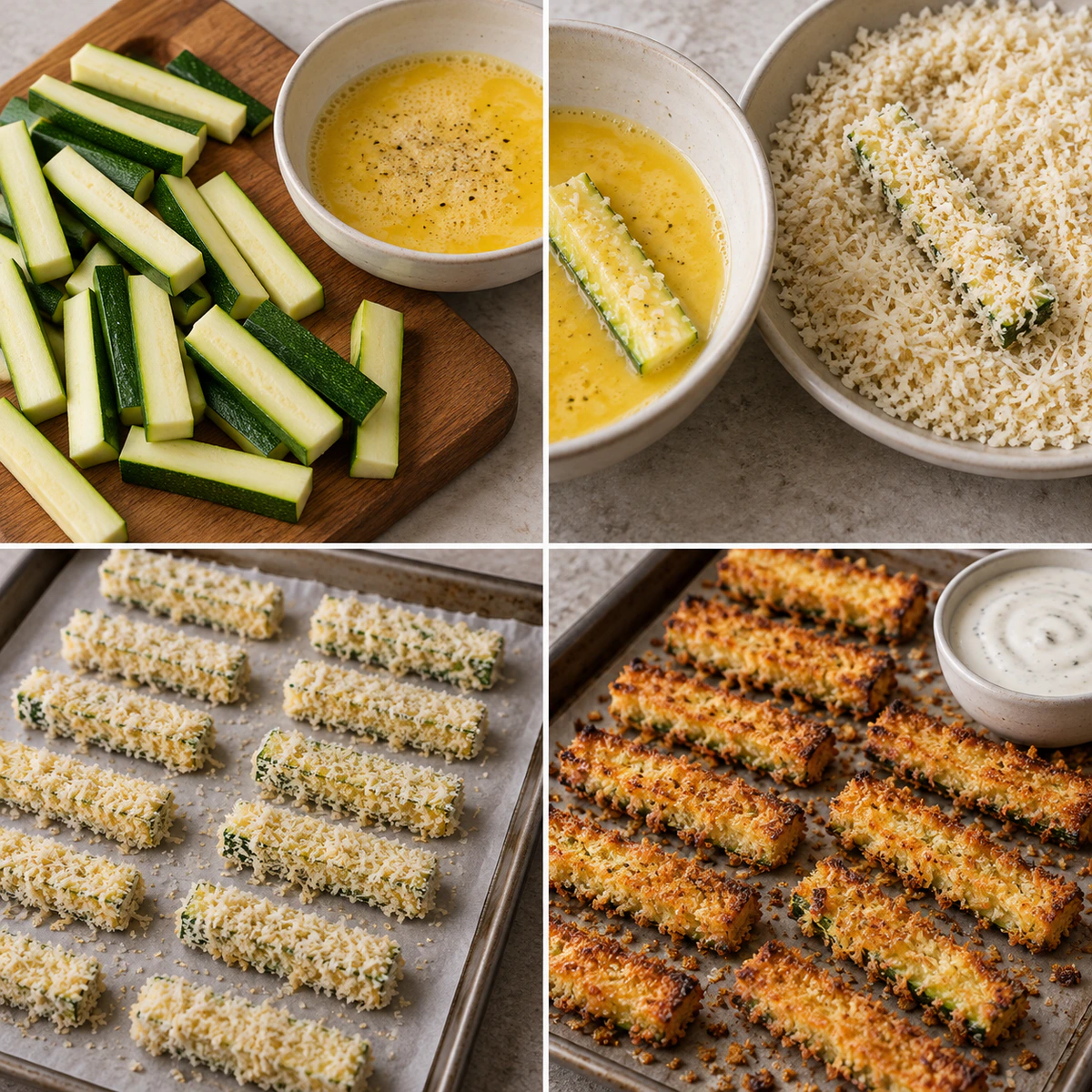 Four chronological preparation stages for Parmesan Zucchini Fries
