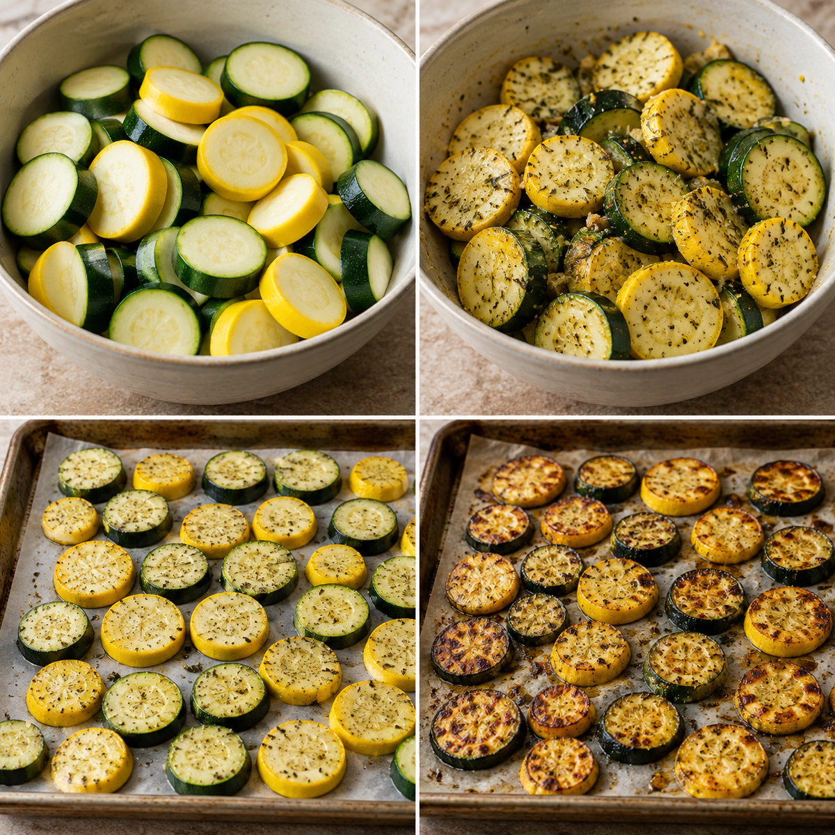 Four chronological preparation stages for Roasted Zucchini and Squash