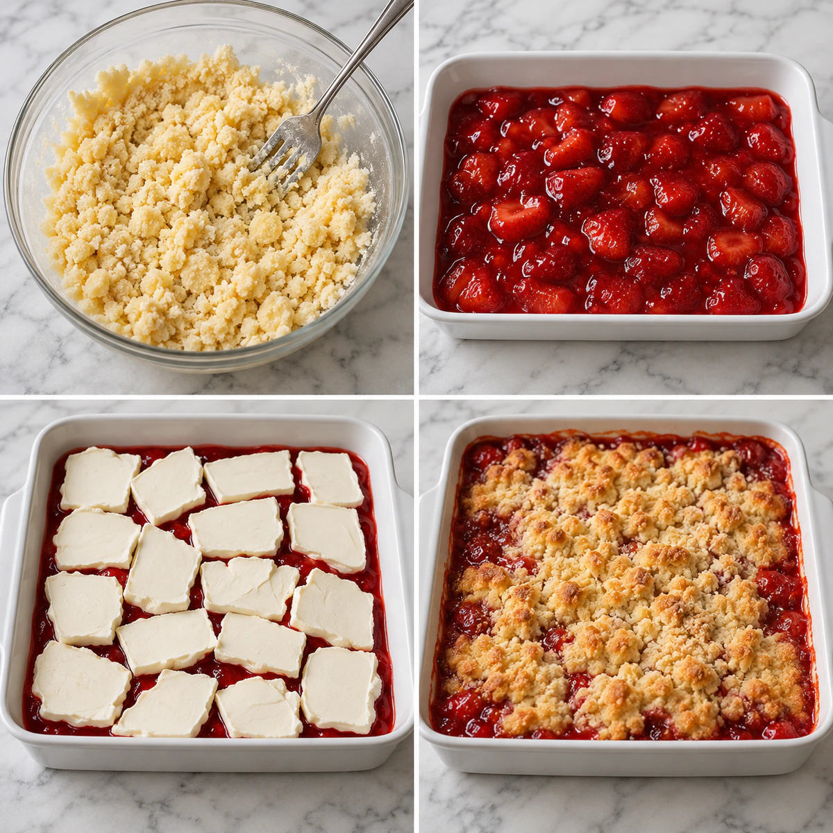 Four chronological preparation stages for Strawberry Cheesecake Dump Cake