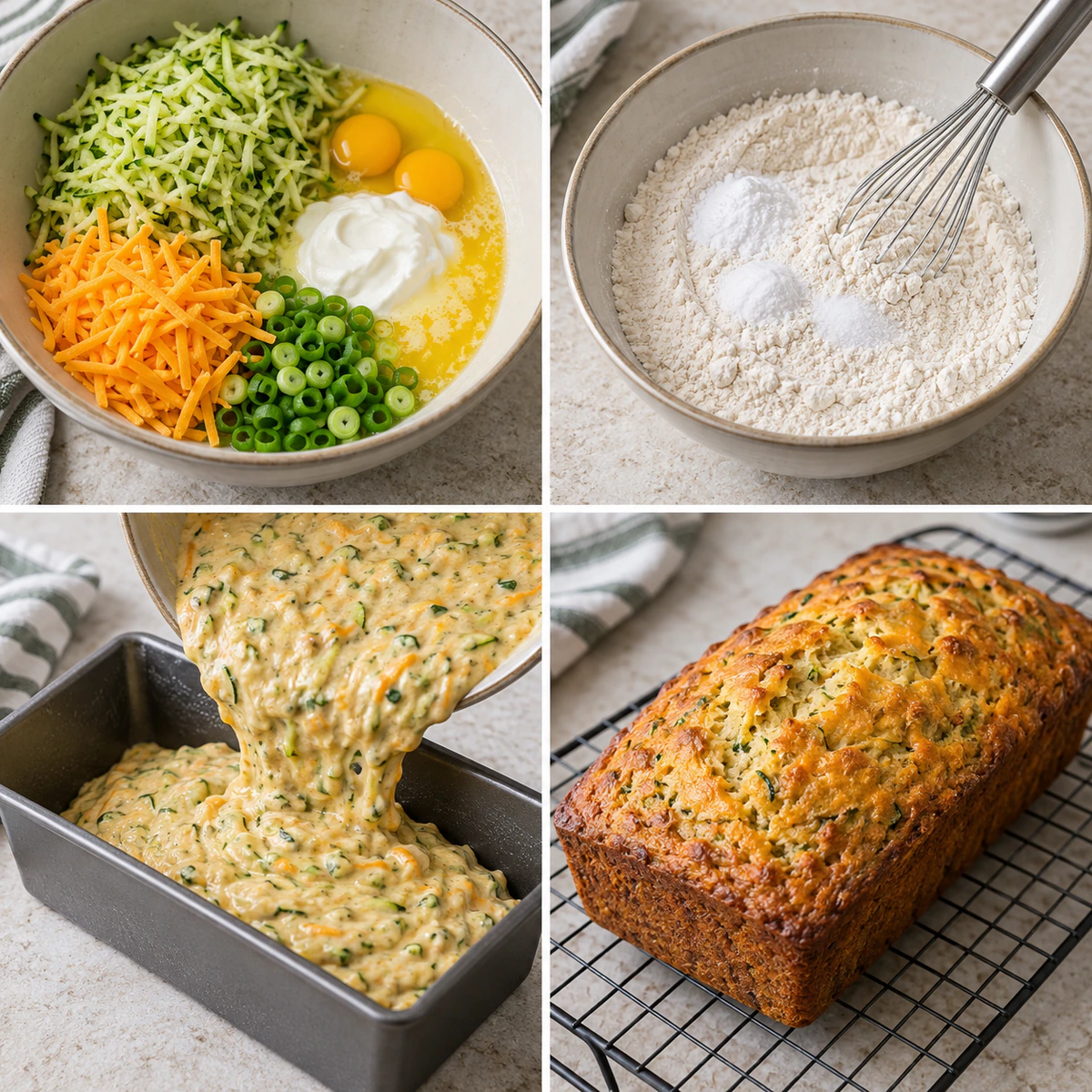 Four chronological preparation stages for Zucchini Cheese Bread