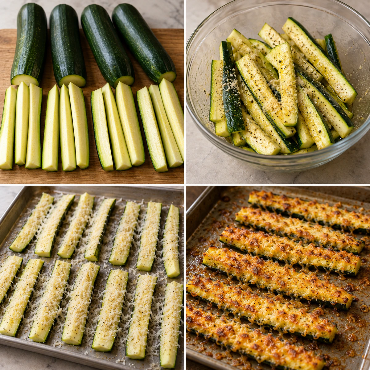 Four chronological preparation stages for Baked Parmesan Zucchini