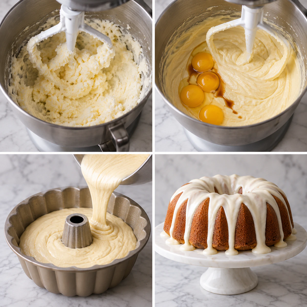 Four chronological preparation stages for Vanilla Buttermilk Pound Cake