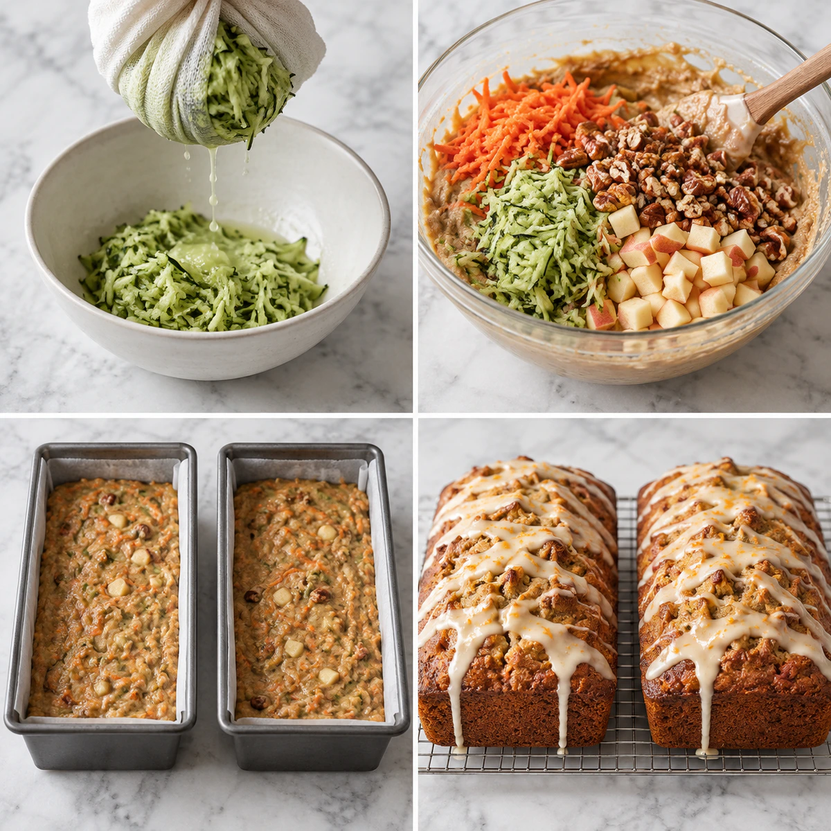 Four chronological preparation stages for Carrot Apple Zucchini Bread