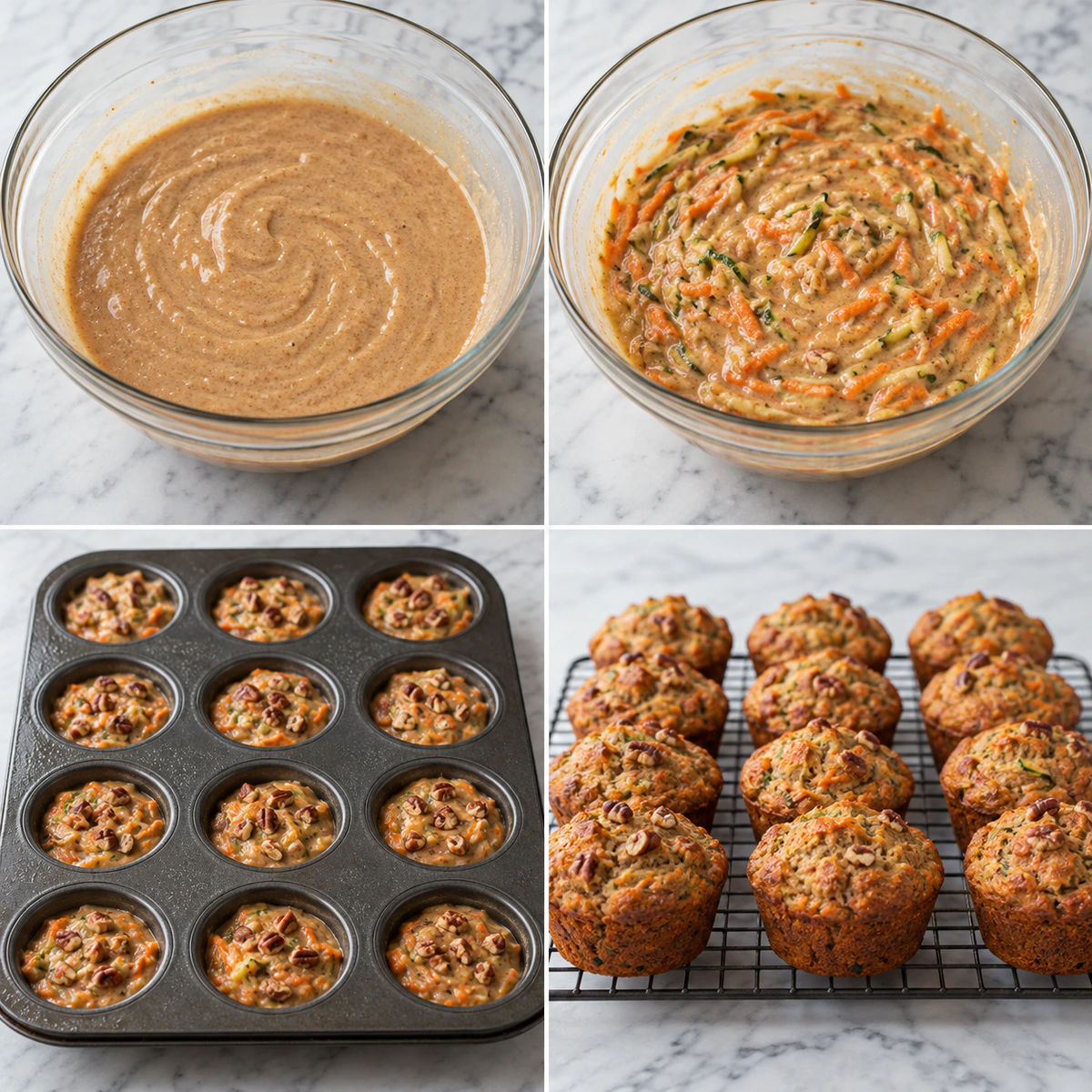 Four chronological preparation stages for Carrot Cake Zucchini Muffins