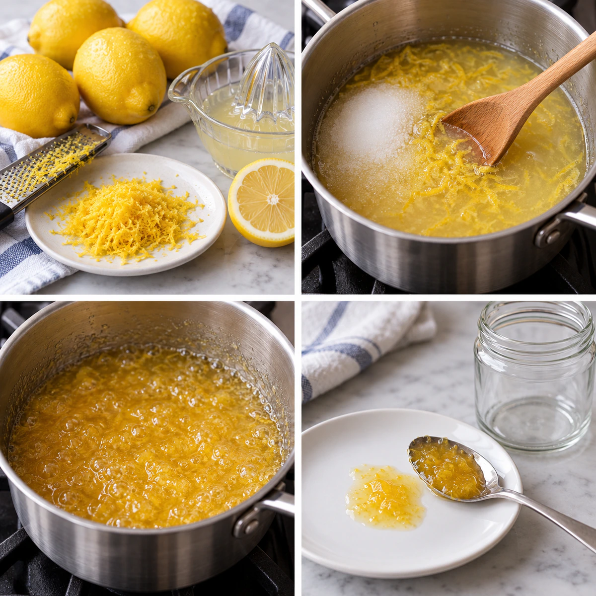 Four chronological preparation stages for Homemade Lemon Jam