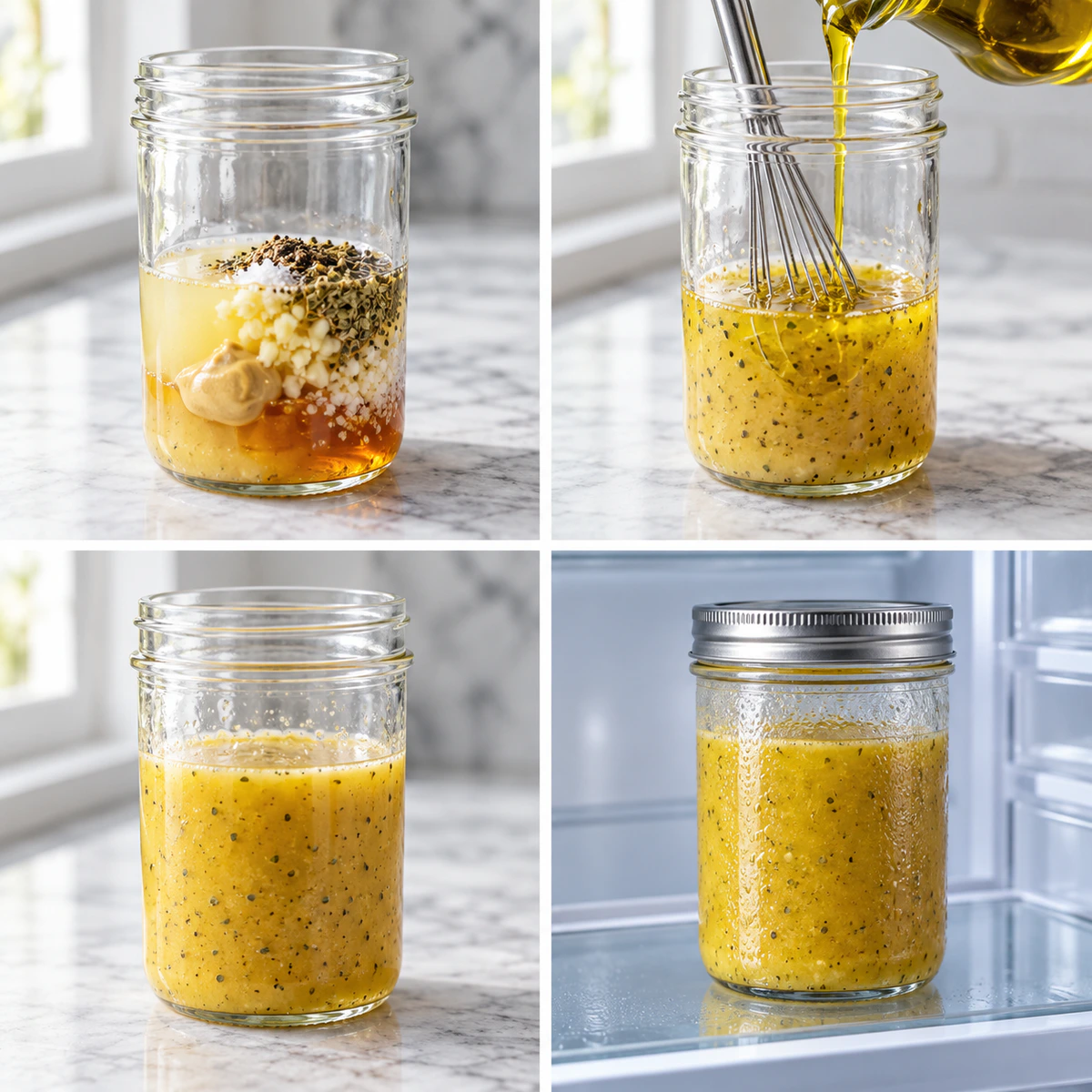 Four chronological preparation stages for Fresh Lemon Honey Dressing