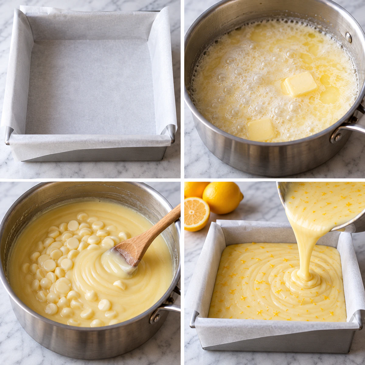 Four chronological preparation stages for Meyer Lemon Fudge