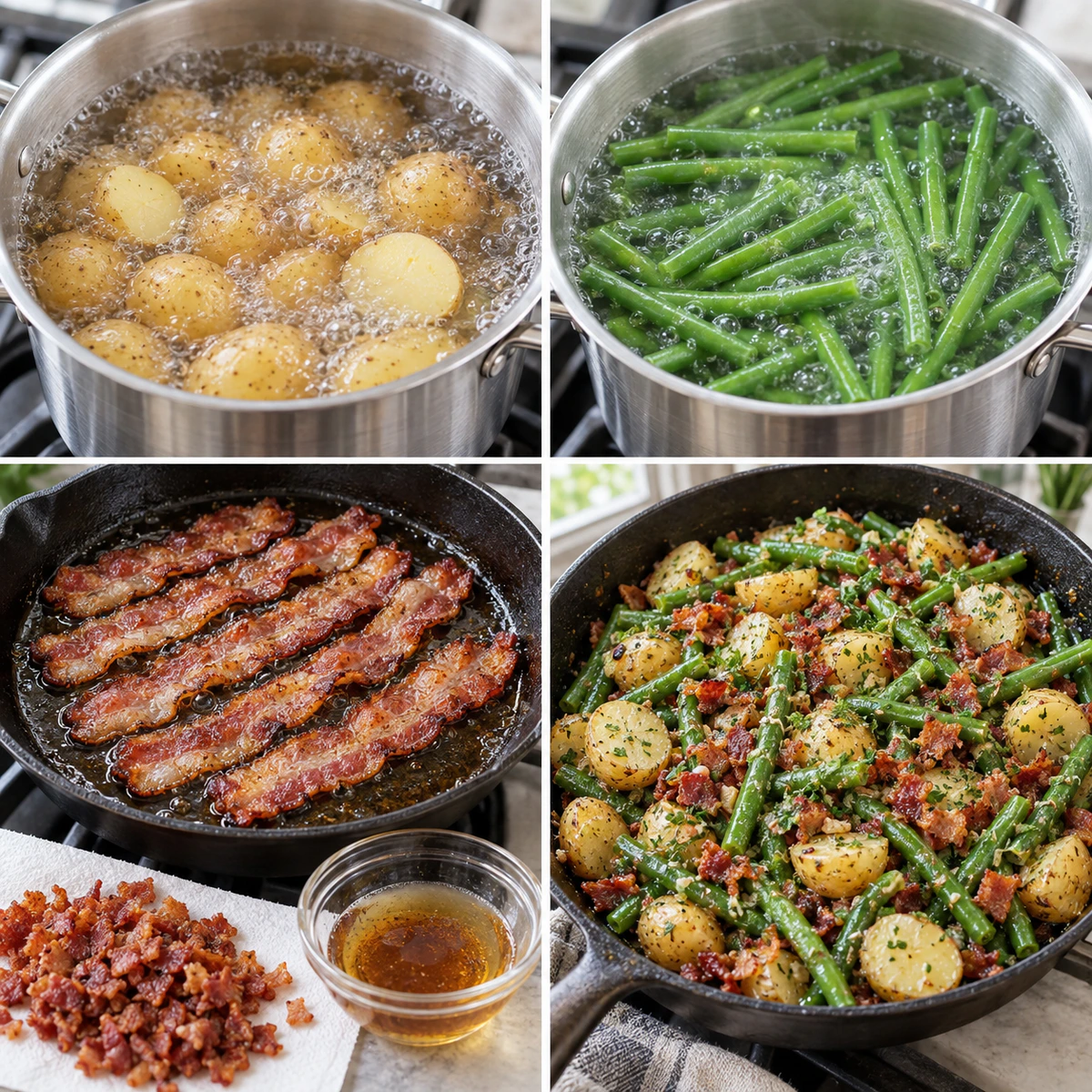 Four chronological preparation stages for Bacon Ranch Vegetables