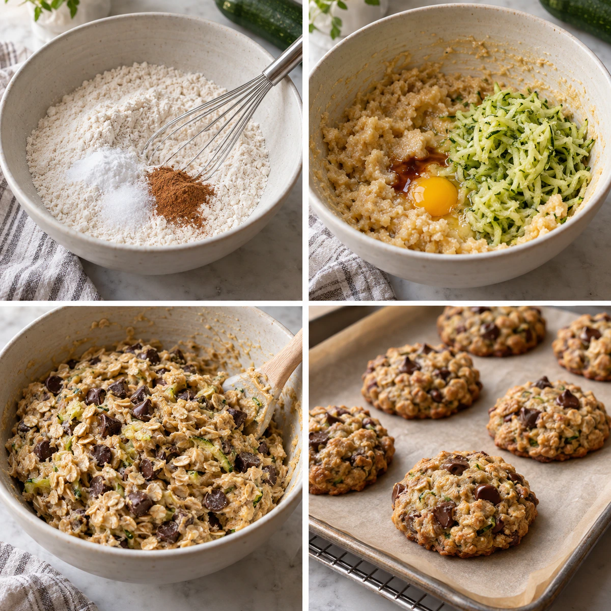 Four chronological preparation stages for Zucchini Oatmeal Cookies