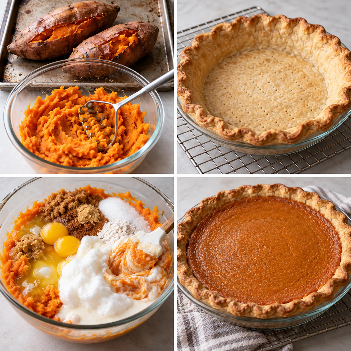 Four chronological preparation stages for Buttermilk Sweet Potato Pie