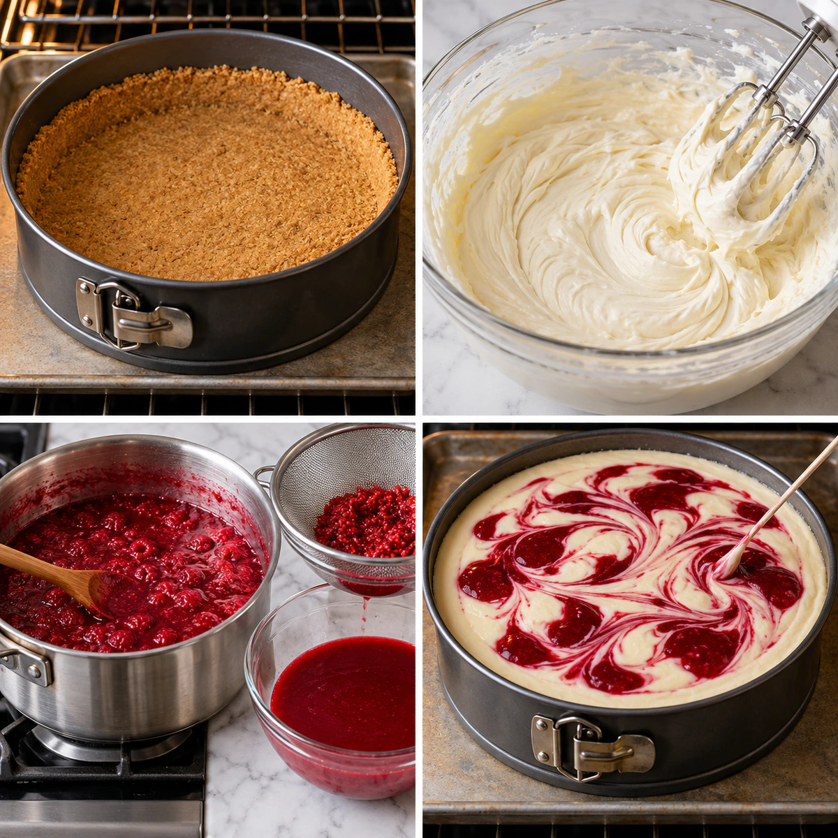 Four chronological preparation stages for Mexican Raspberry Cheesecake