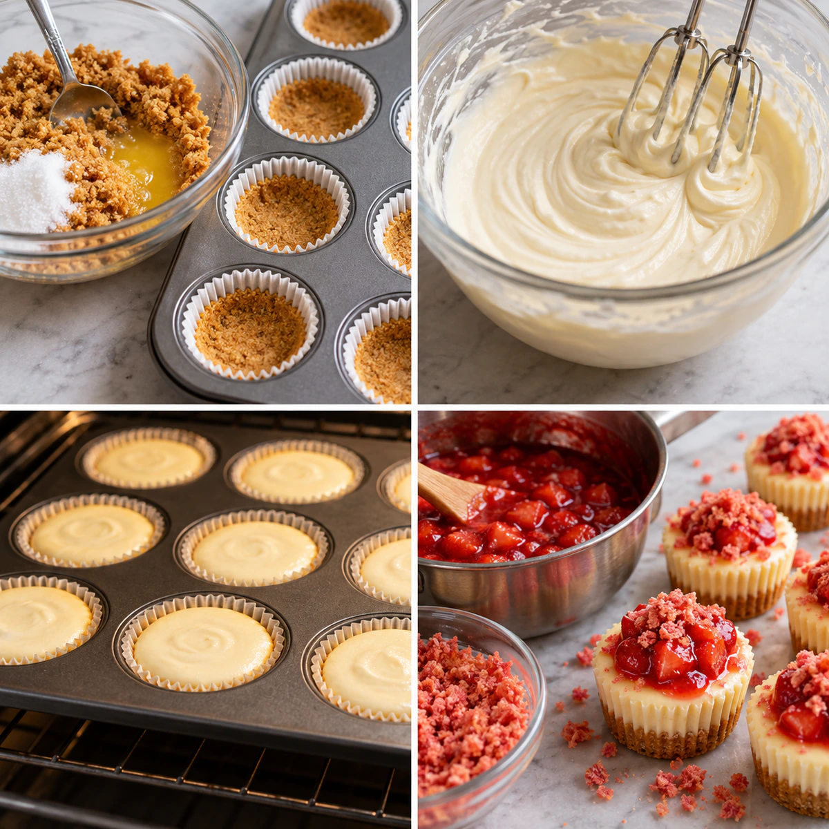 Four chronological preparation stages for Mini Strawberry Crunch Cheesecake Bites