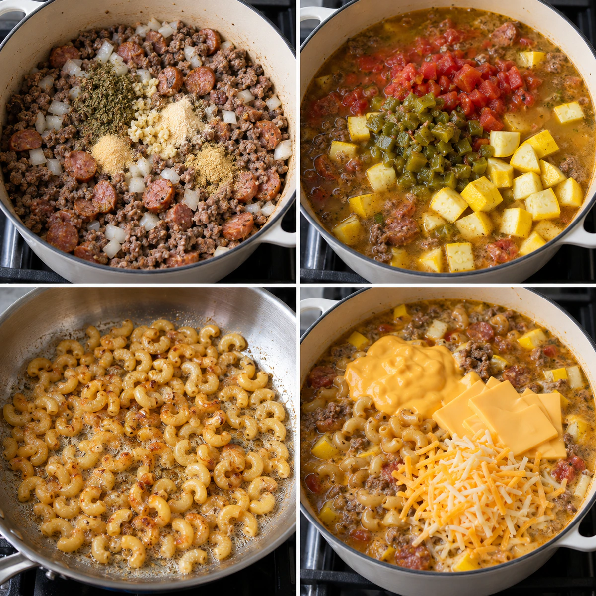 Four chronological preparation stages for Sopita de Chile Verde con Queso