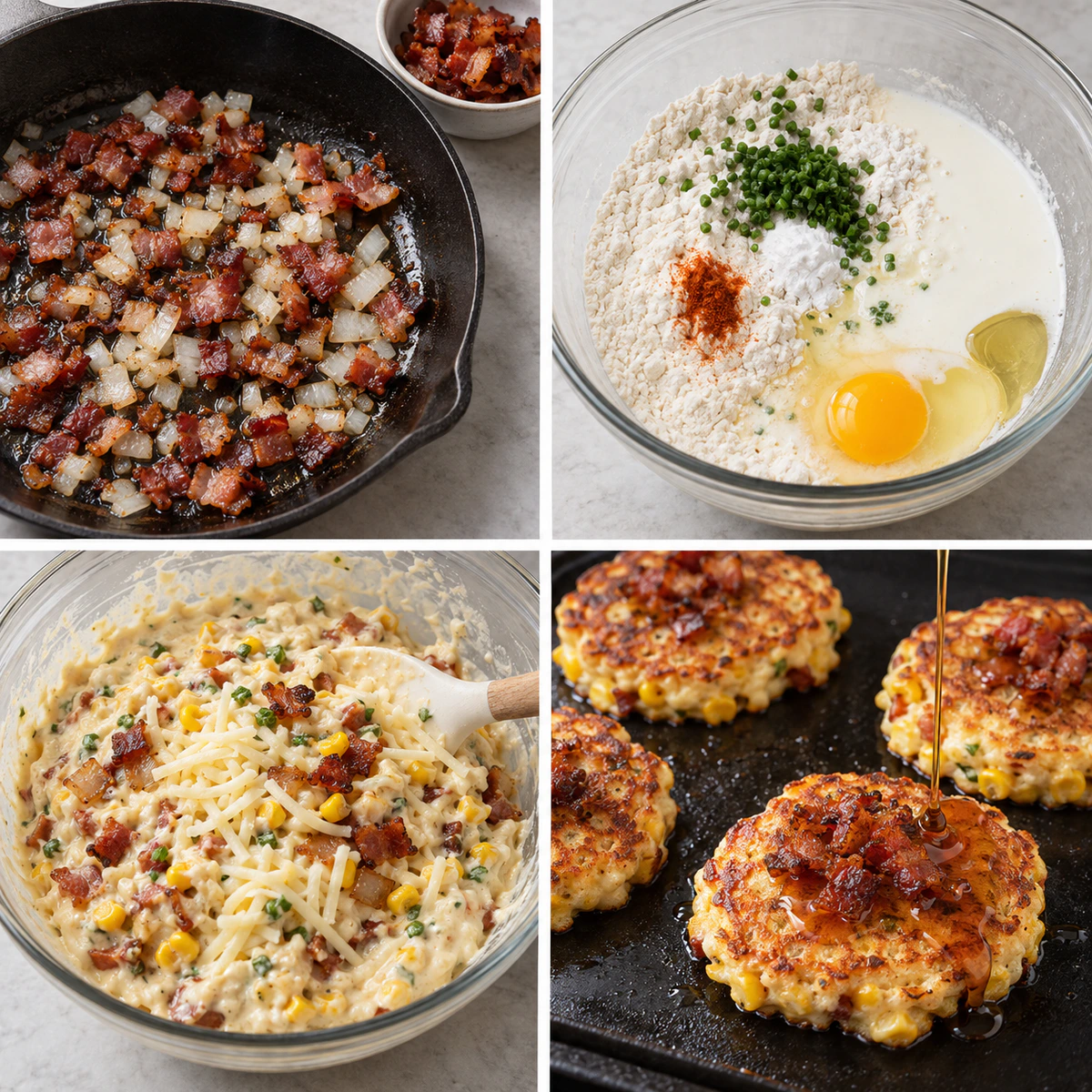 Four chronological preparation stages for Savory Breakfast Cakes