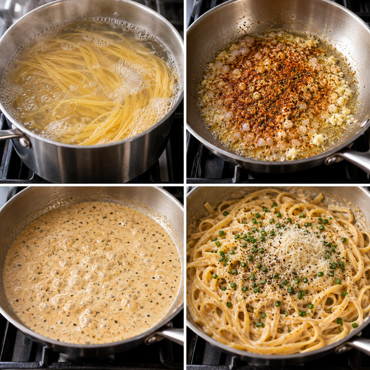 Four chronological preparation stages for Spicy Cream Pasta