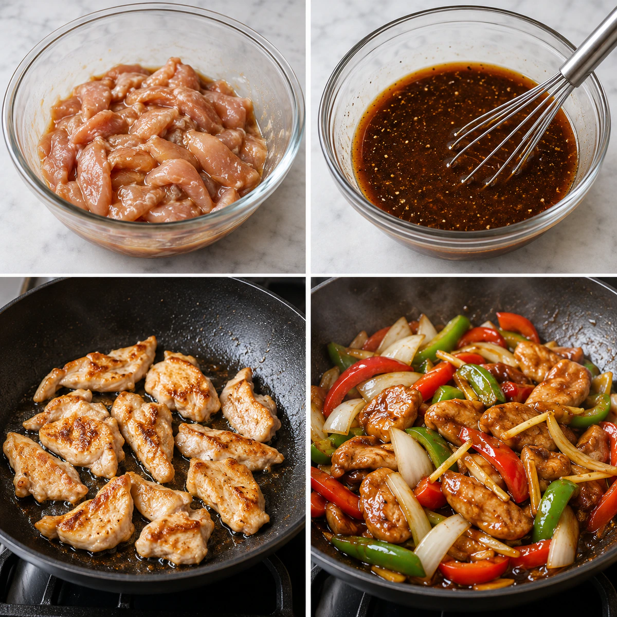 Four chronological preparation stages for Easy Quick Black Pepper Chicken