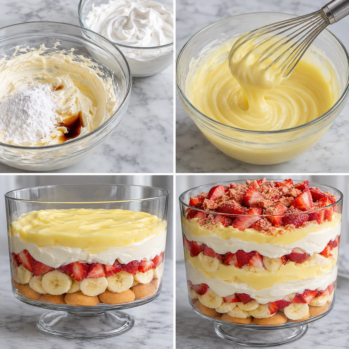 Four chronological preparation stages for Easy Strawberry Cheesecake Banana Pudding