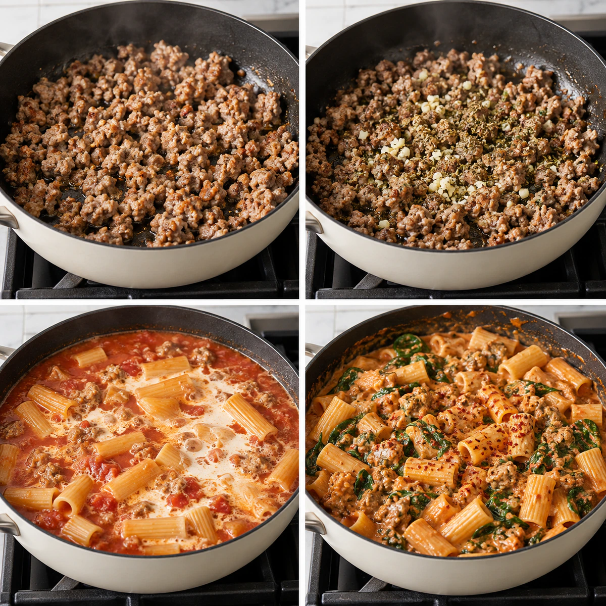 Four chronological preparation stages for Creamy Sausage Rigatoni