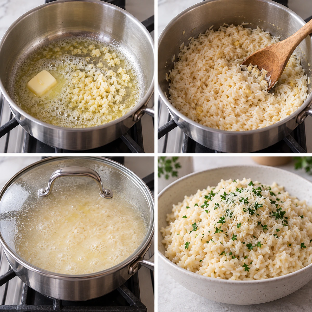 Four chronological preparation stages for Garlic Parmesan Rice