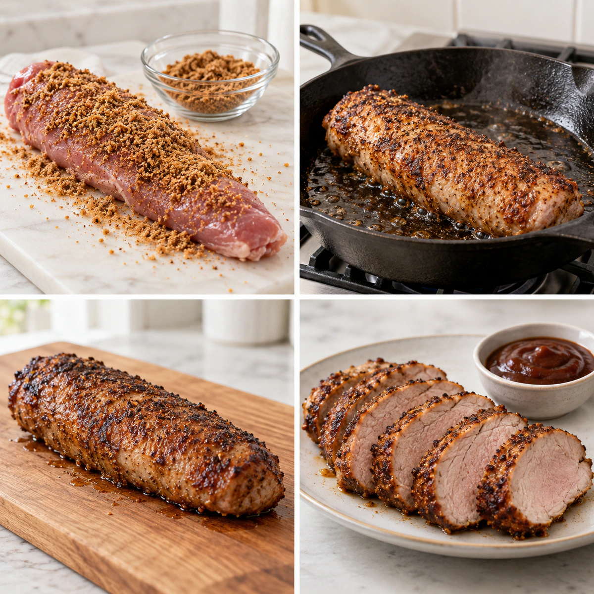 Four chronological preparation stages for Juicy Pork Tenderloin