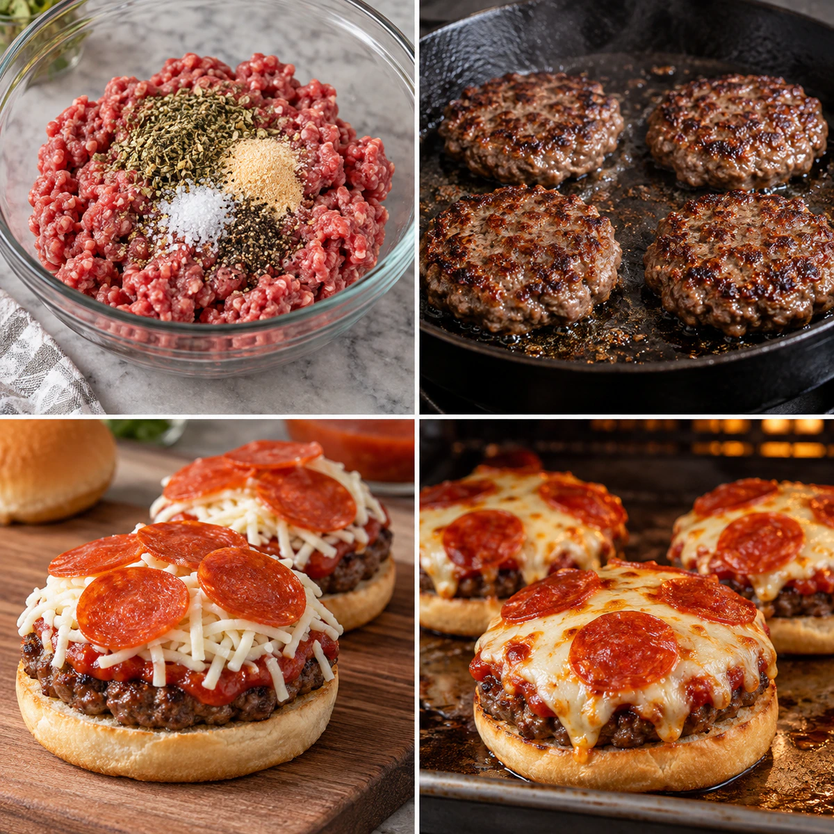 Four chronological preparation stages for Pizza Burgers