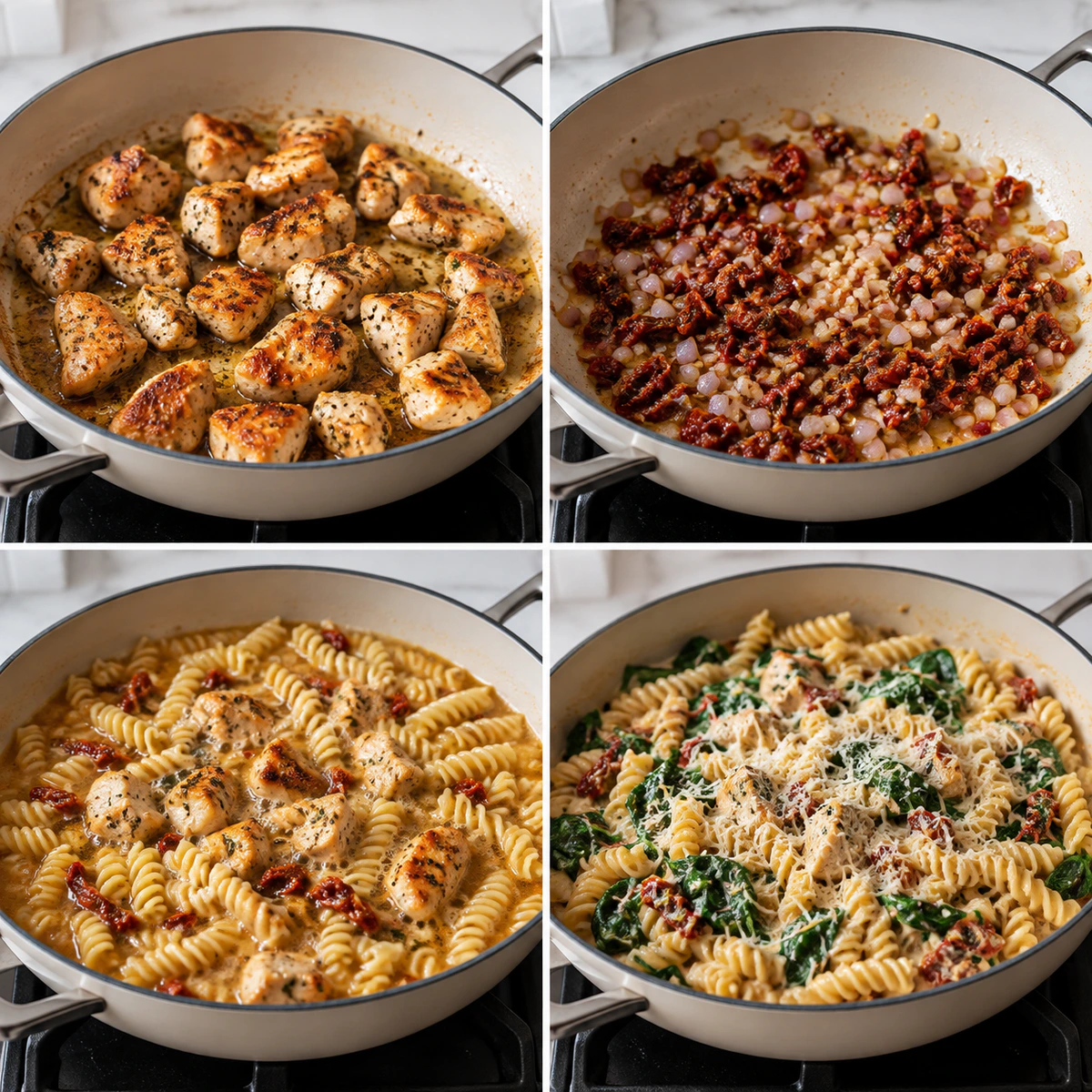 Four chronological preparation stages for Sun Dried Tomato Chicken Pasta