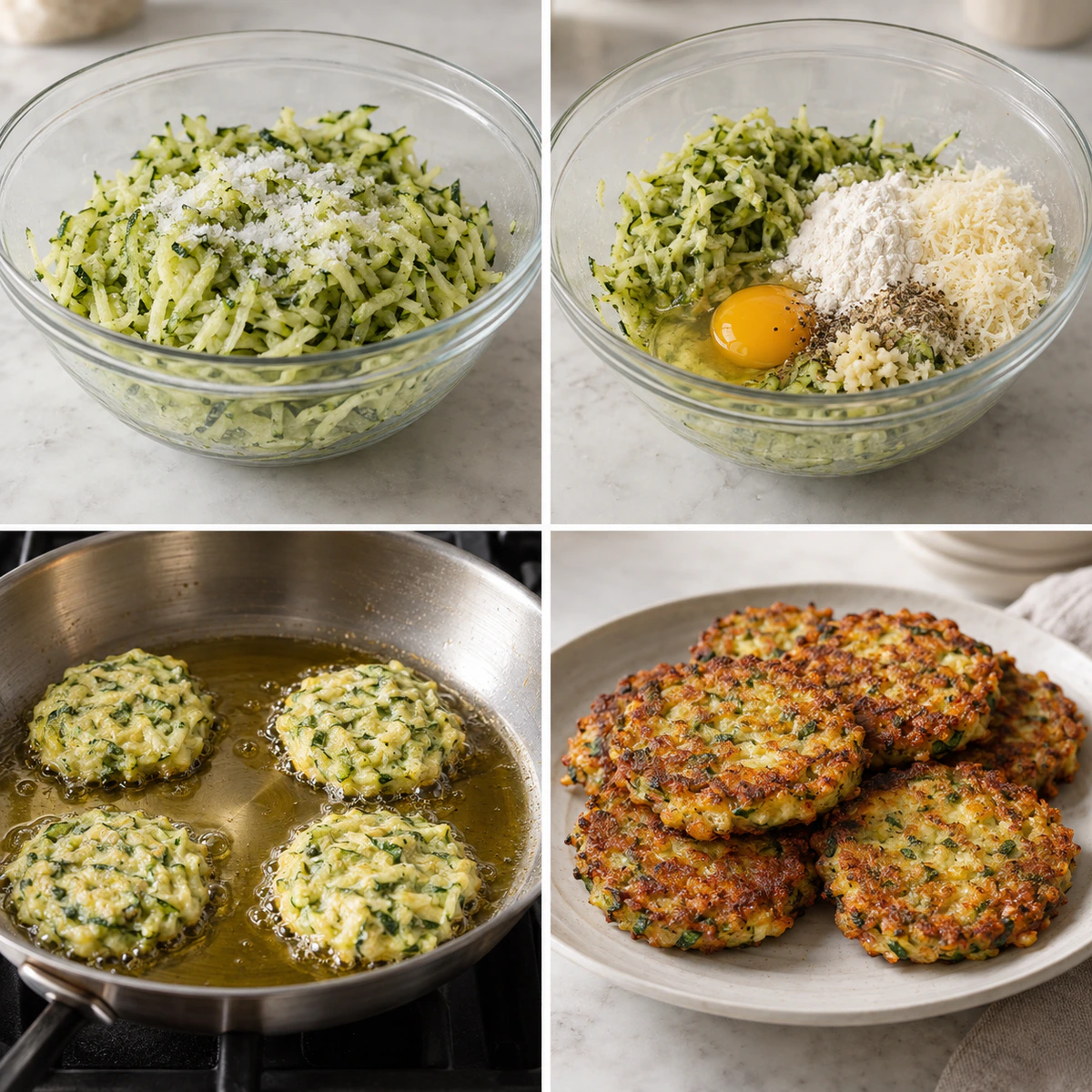 Four chronological preparation stages for Easy Zucchini Fritters