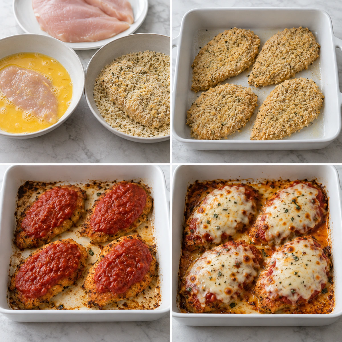 Four chronological preparation stages for Easy Baked Chicken Parmesan