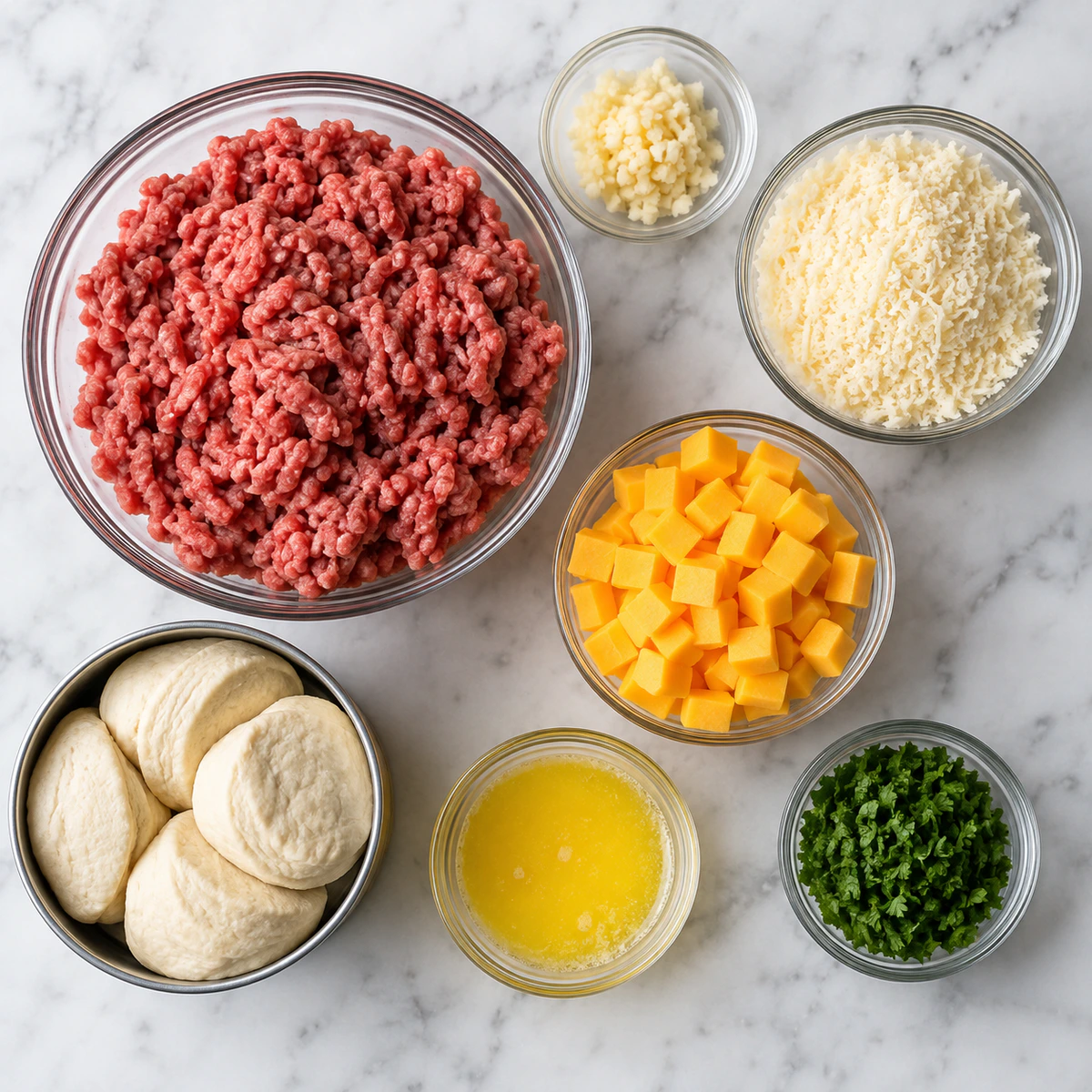 Exact measured ingredients for Garlic Parmesan Cheeseburger Bombs