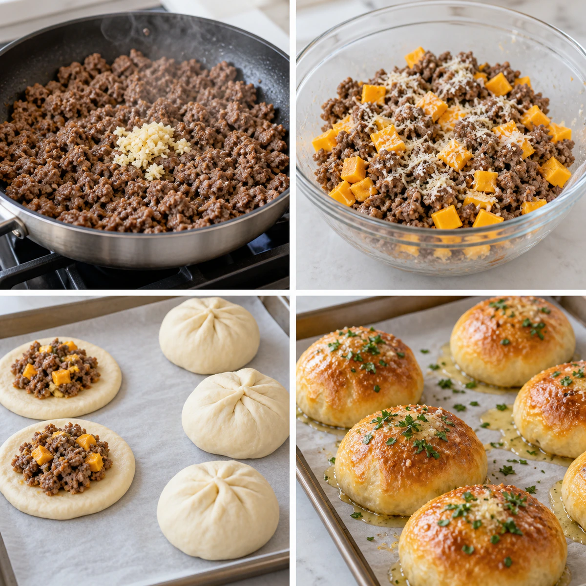 Four chronological preparation stages for Garlic Parmesan Cheeseburger Bombs