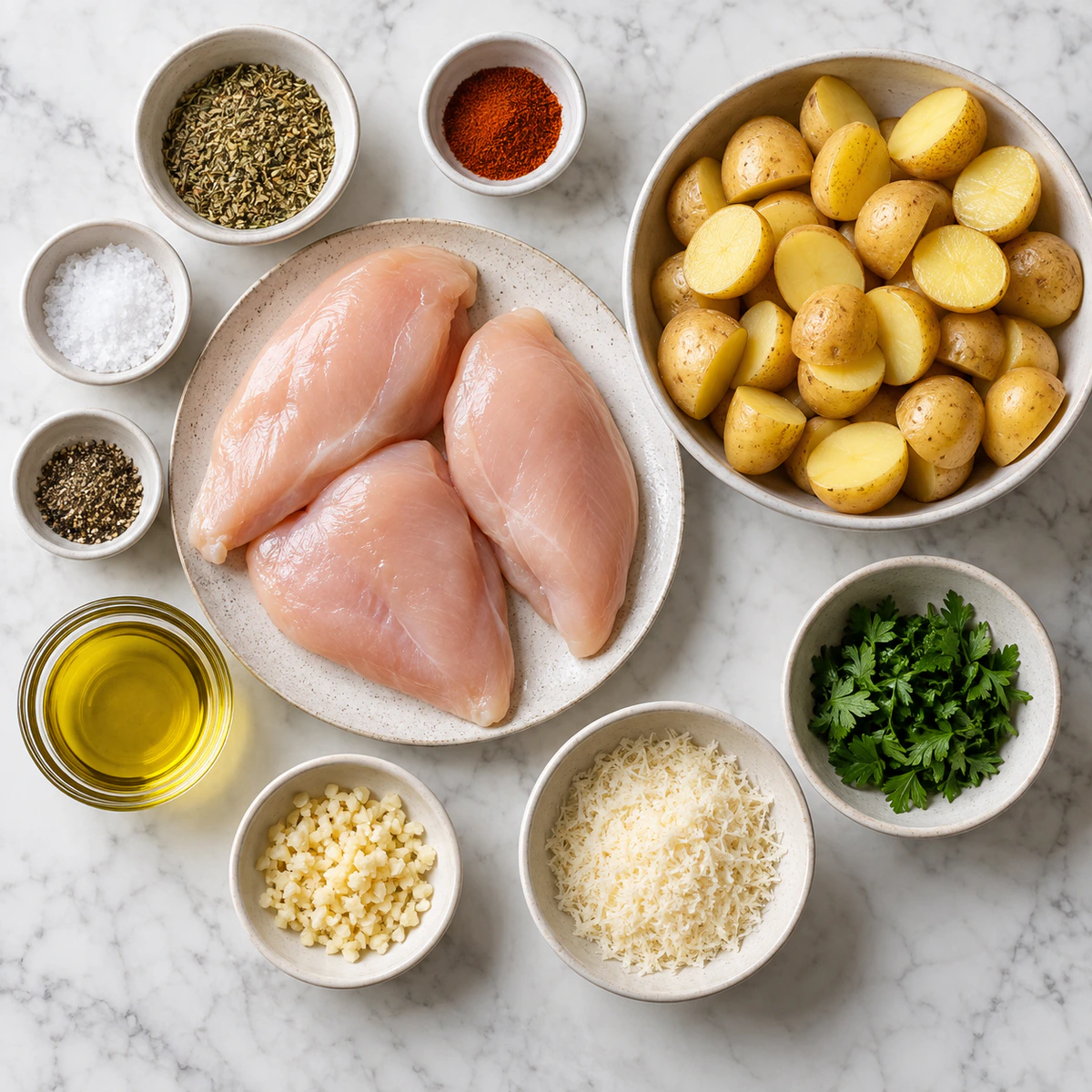 Exact measured ingredients for garlic parmesan Chicken Potatoes
