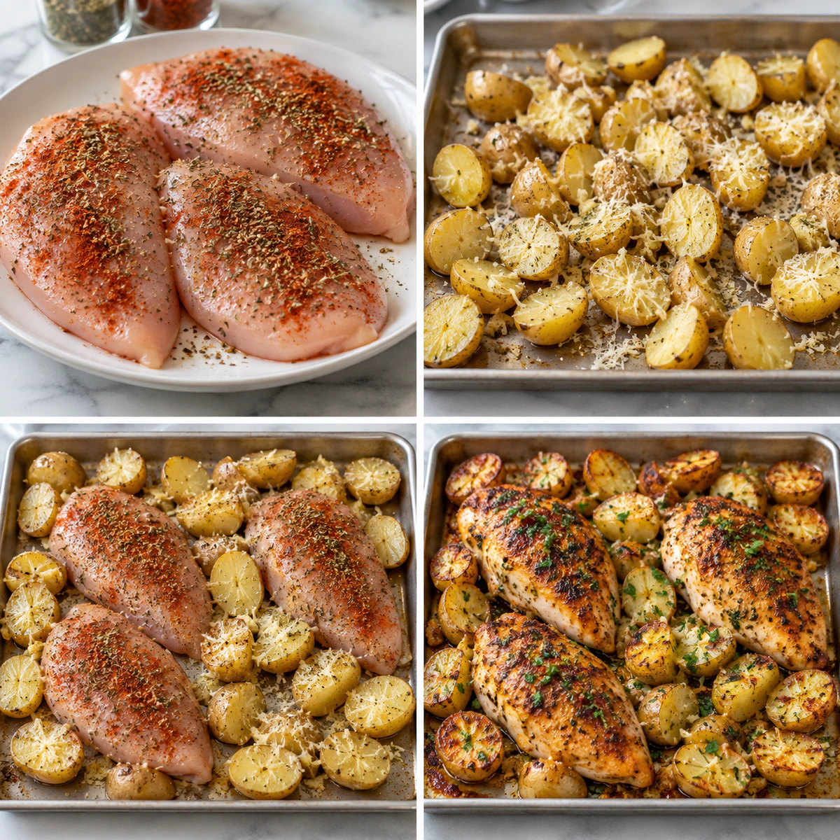 Four chronological preparation stages for garlic parmesan Chicken Potatoes